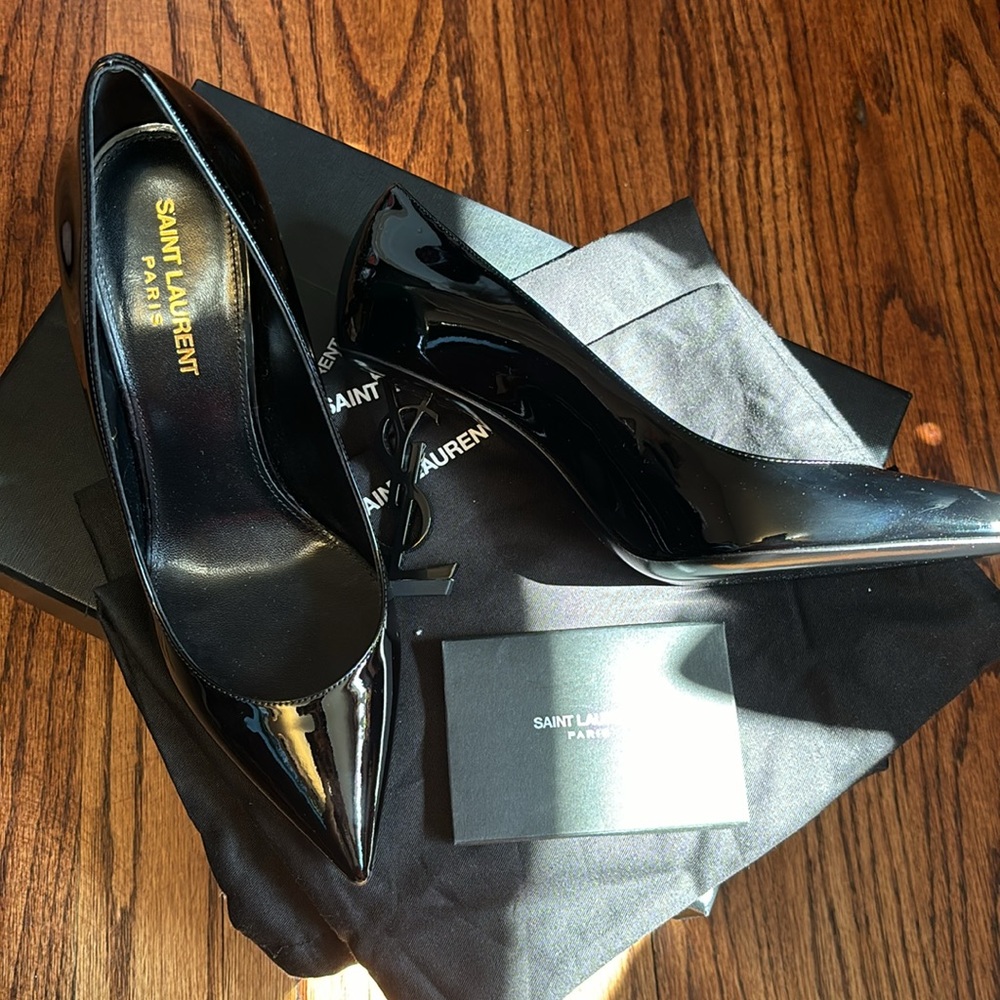 Saint Laurent Opyum Pumps in Black Patent Leather Logo Heel Pointed Toe NWT 37 - Picture 3 of 13